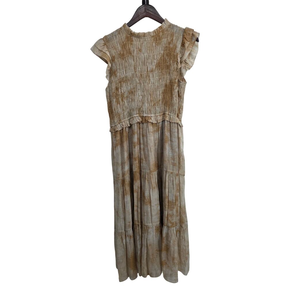 Moon River Anthropologie Smocked Midi Dress Tan Cream Size Medium